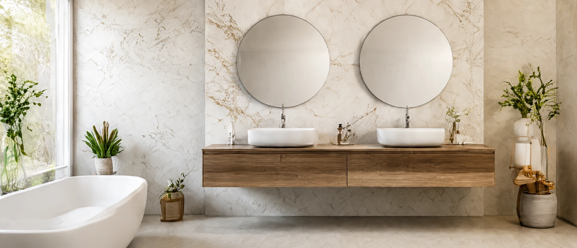 Elegant bathroom with two sinks and circle mirrors